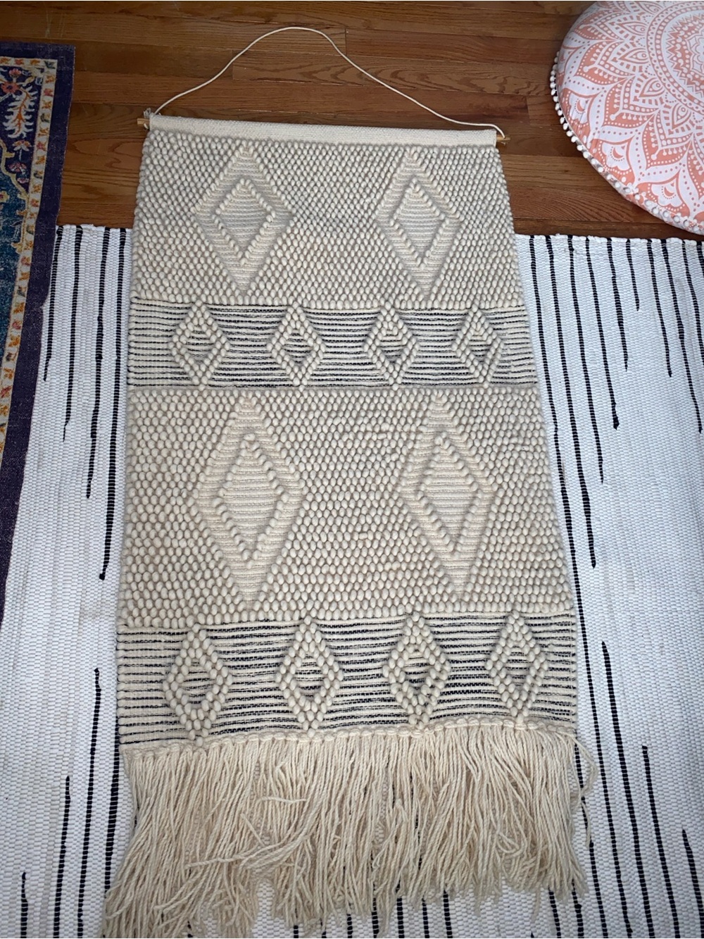 Handwoven Moroccan-Style Cream Macrame Wall Hanging with Black Accents